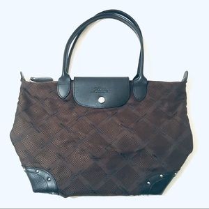 Longchamp Le Pliage Leather/Nylon Black/Brown Canvas Tote 2605359047